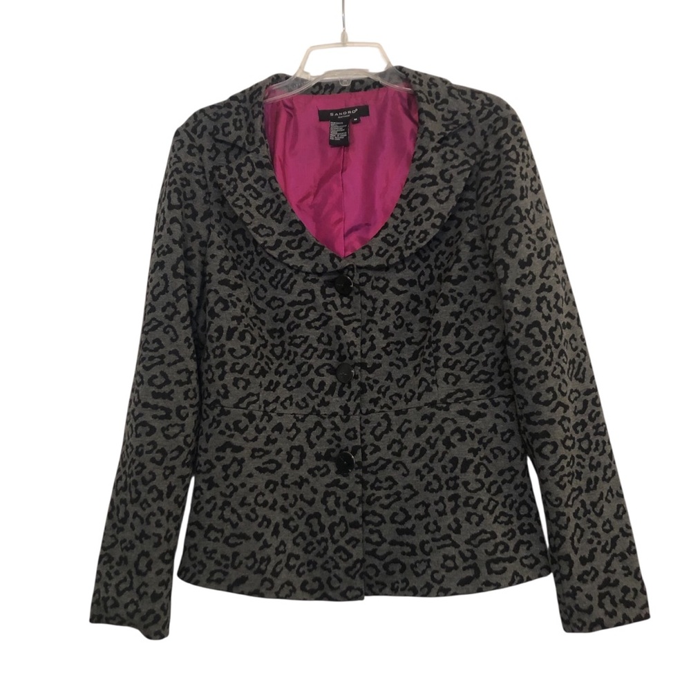 Sandro Cheetah Print Knit Jacket with Notch Collar Size M